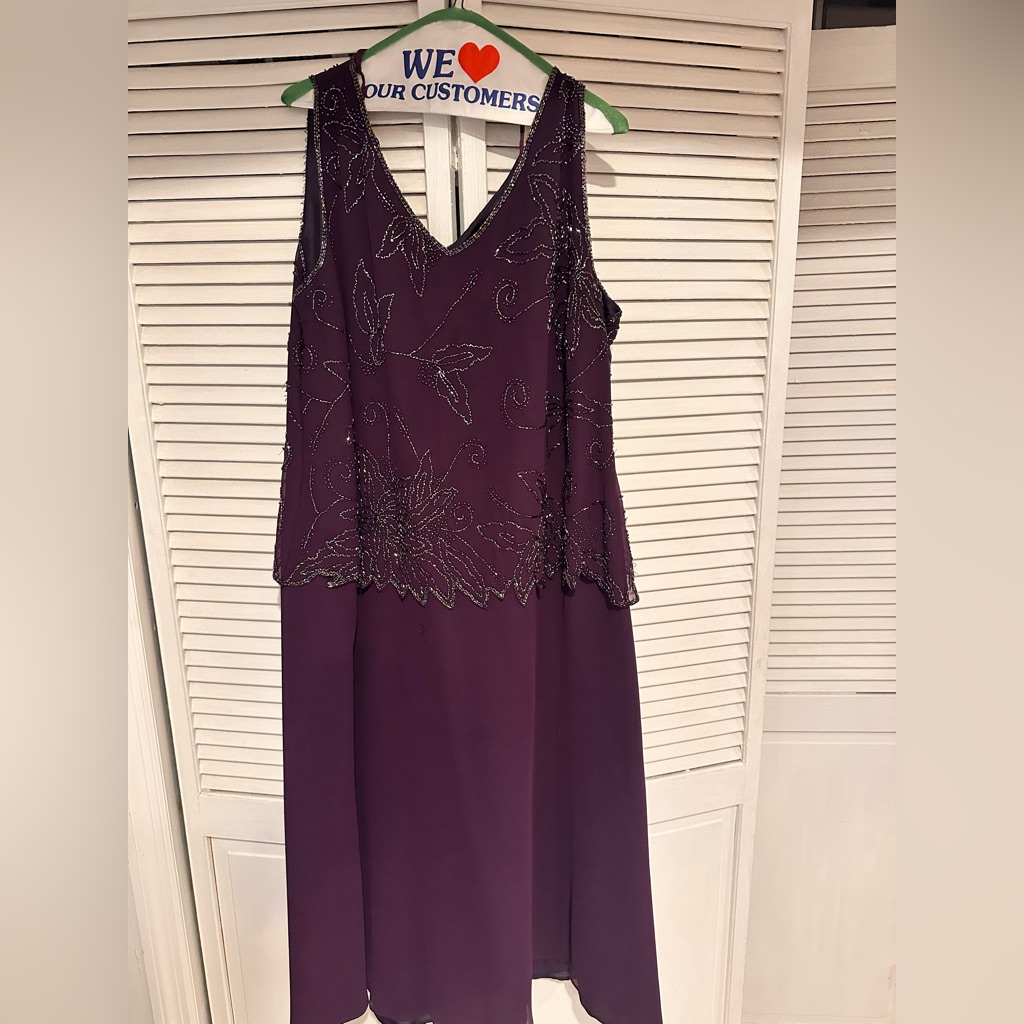 Jkara Royal Purple Beaded Dress And Cardigan ; Size 20w